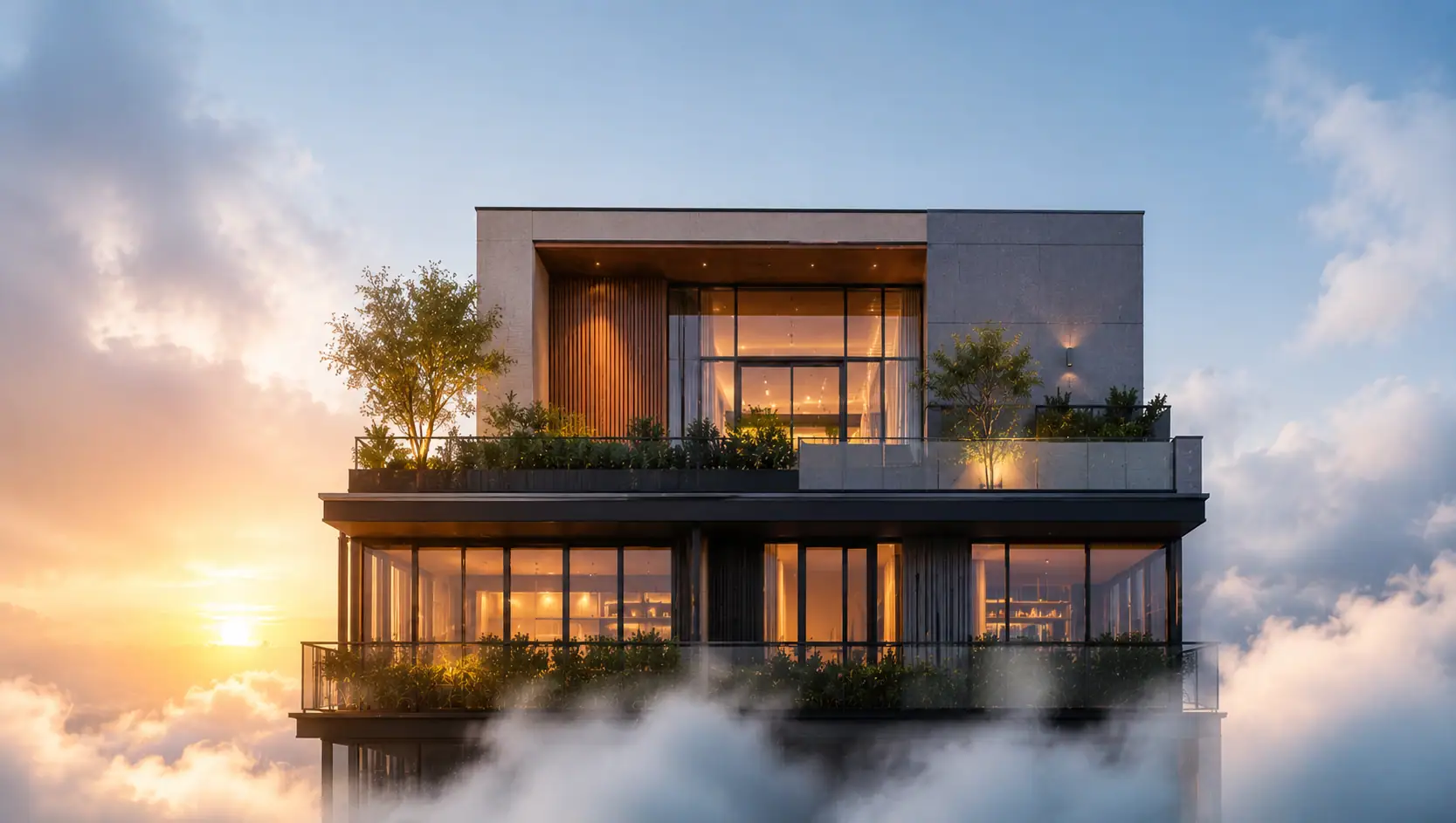 A Caspian Infra residence standing above the cloud line at sunrise